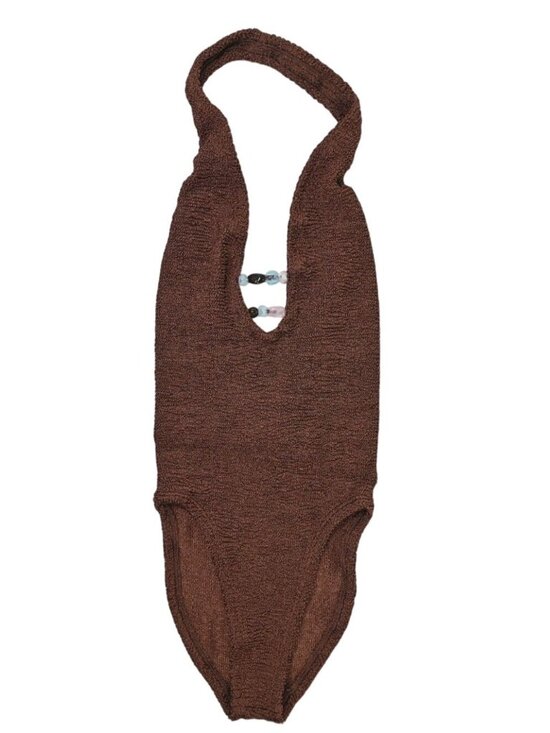 Hunza G Other - Hunza G Adriana Bead-Embellished Original Crinkle Swimsuit in Chocolate